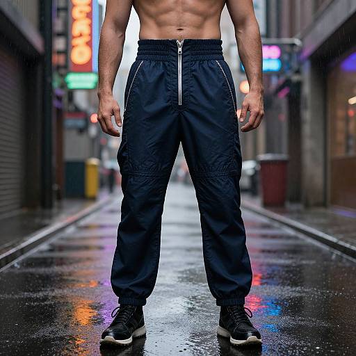 Photograph of a muscular, shirtless man in black cargo pants and black sneakers standing on a wet, neon-lit urban alley.