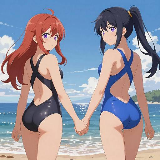 Anime Girls Holding Hands at Beach