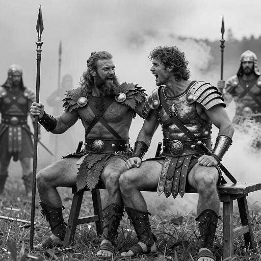 Two Ancient Warriors Shouting in Black and White