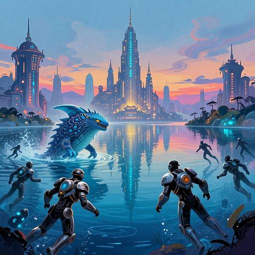 Digital art of futuristic cityscape at sunset, featuring a blue, shark-like monster emerging from water, surrounded by armored soldiers in pursuit. Vibrant,