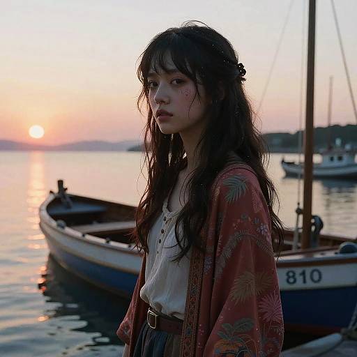 Photograph of a young woman with long, wavy black hair and bangs, wearing a floral red shawl and white blouse, standing by a