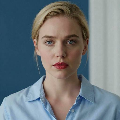 Blonde Woman with Blue Eyes in Light Blue Shirt