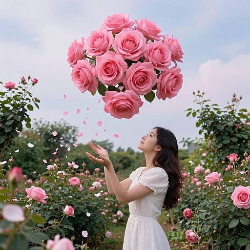 Photograph of a young woman with long dark hair, wearing a white dress, reaching for a floating bouquet of pink roses in a lush rose garden with