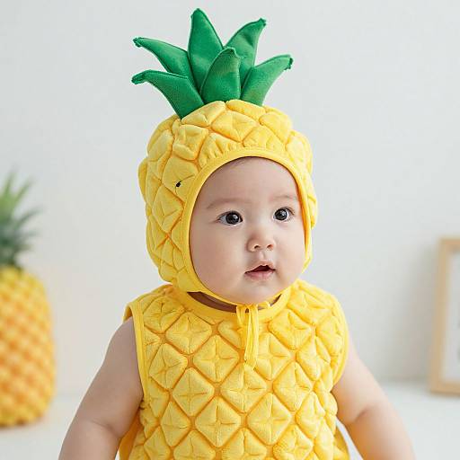 Photograph of a baby with light skin wearing a yellow pineapple costume with green leafy top, sitting against a bright white background, with a pineapple blurred