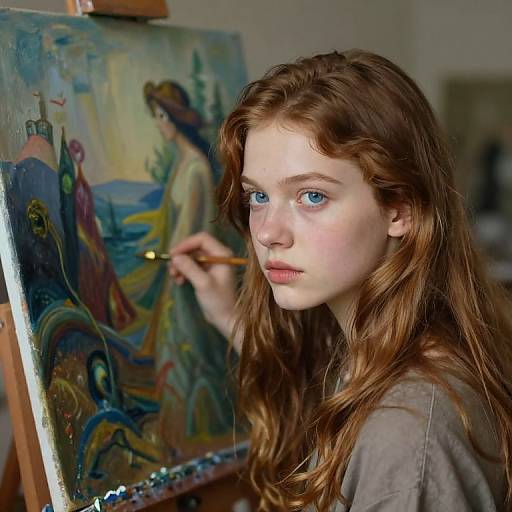 Photograph of a young woman with long red hair and blue eyes, painting a vibrant, surreal landscape with a palette and brush.