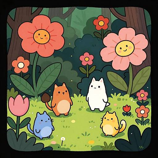 Cute cartoon illustration of five chibi animals (orange cat, white cat, blue cat, yellow cat, blue kitten) among colorful flowers in a