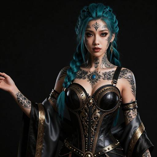 Braided Teal Hair, Embossed Leather Corset