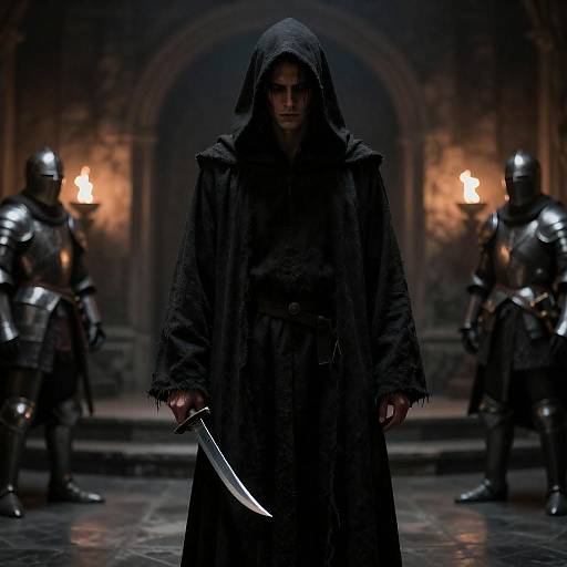 Mysterious Hooded Figure in Dark Room