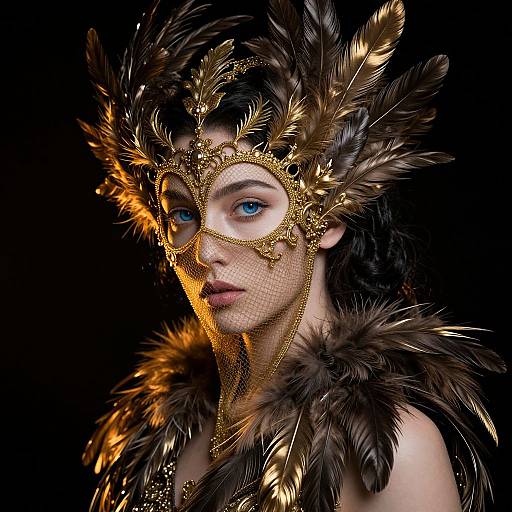 Photograph of a woman with blue eyes, wearing an elaborate gold feathered masquerade mask and fur-lined collar, set against a black background.