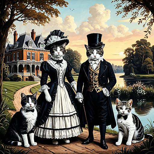 Victorian Feline Gentry at Lakeside Mansion