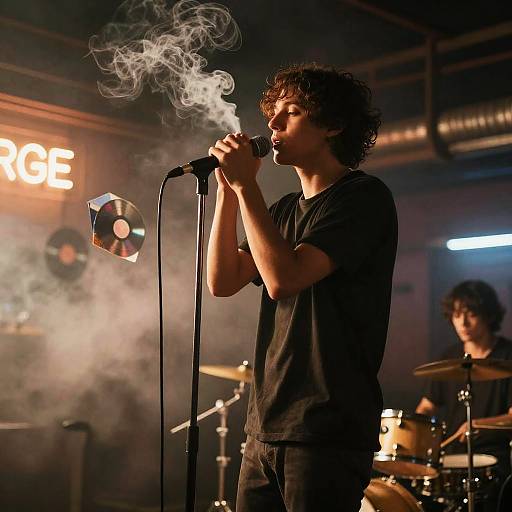 Photograph of a young male singer with curly hair, black t-shirt, and black pants, holding a microphone, emitting smoke, performing on stage with