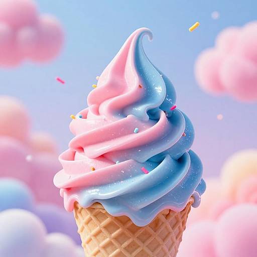 Photorealistic close-up of a swirl ice cream cone with pink and blue soft serve, colorful sprinkles, and a dreamy pink-blue sky background