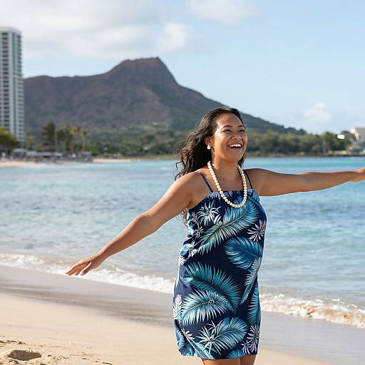 Photograph of a smiling Asian woman with long black hair, wearing a blue floral dress and white beads, joyfully running on a sunny beach with a