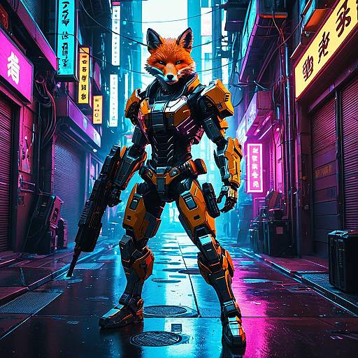 Robotic Fox Bounty Hunter in Cyberpunk Alley