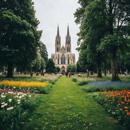 Gothic Cathedral with Flower Meadow and Park Visitors