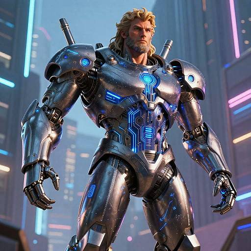 Photorealistic CGI of a muscular blonde man in a shiny, blue-accented silver robotic suit standing in a neon-lit futuristic cityscape.