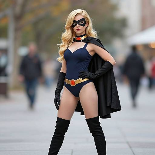 Photograph of a blonde, fair-skinned woman in a black superhero costume with mask, cape, gloves, and boots, standing confidently on a city