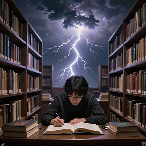 Photograph of a black-haired, bespectacled man writing in a stormy, lightning-filled library aisle flanked by tall bookshelves.