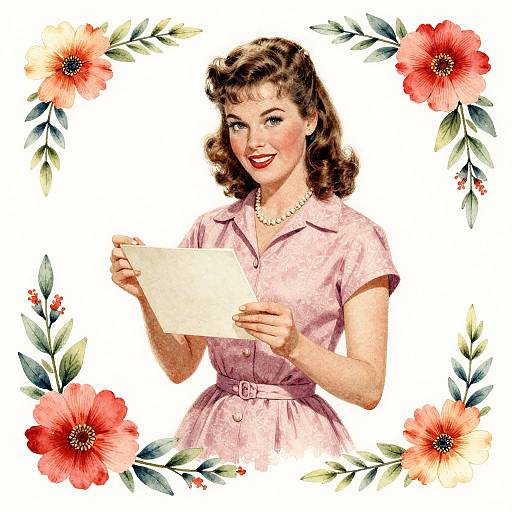 Vintage-style illustration of a smiling woman with wavy brown hair, wearing a pink dress and pearl necklace, holding a letter, framed by red flowers and