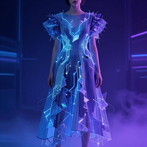 Photograph of a woman in a glowing, blue and purple, cyber-inspired dress with LED lights, standing in a dark, futuristic room.