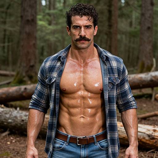 Muscular Man in Forest with Mustache