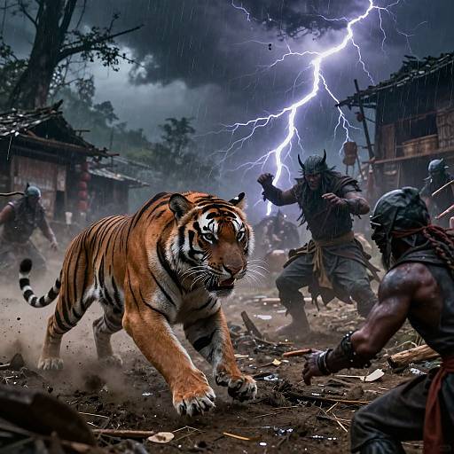 Photorealistic digital artwork: fierce tiger charges through stormy village, lightning illuminating battle scene with warriors in muddy, chaotic landscape.