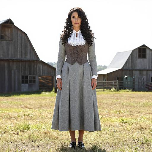 Photograph of a woman with long curly black hair, wearing a gray Victorian-style dress with white lace collar, standing in a grassy field with rustic