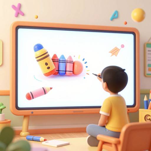 Digital illustration of a young boy with short black hair, wearing a yellow shirt, drawing colorful geometric shapes on a bright TV screen in a colorful, child