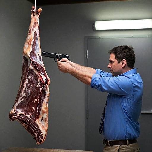 Intense Man Aiming Handgun in Meat Locker