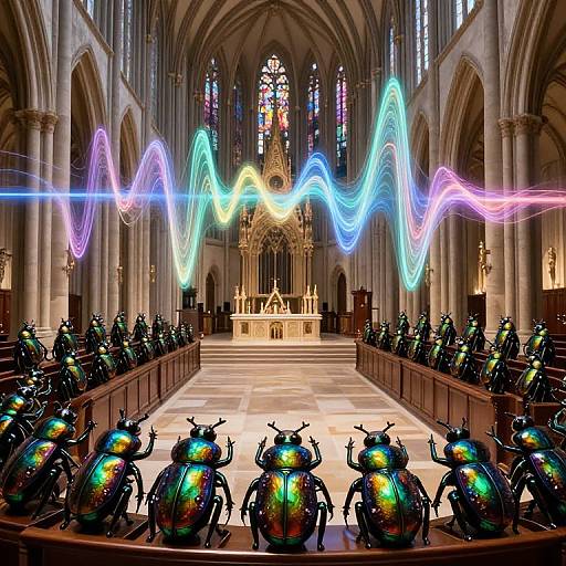 Photograph of a gothic cathedral interior with colorful light wave trails, rows of pew-like structures, and iridescent beetle sculptures in the foreground.