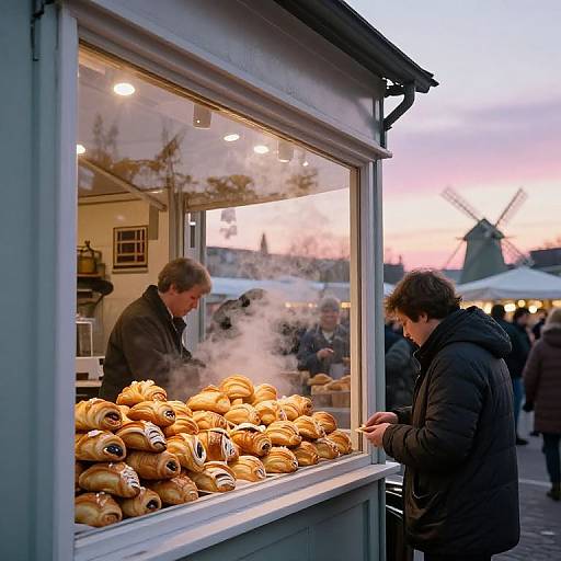 Photograph of a bustling outdoor market at dusk, showing a man buying freshly baked, steamed pastries from a stall, with a sunset sky and