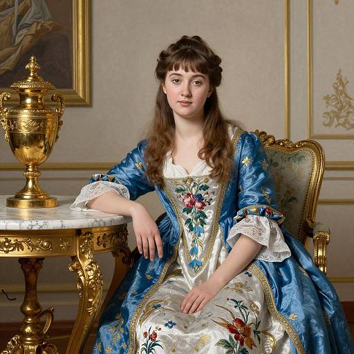 Portrait of a young Caucasian woman with brown hair in an elaborate blue and white floral gown, seated on an ornate chair, beside a gold urn on