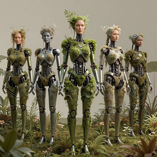 Photorealistic CGI of five female humanoid robots with metallic bodies, covered in moss and adorned with plant crowns, standing in a lush, green,