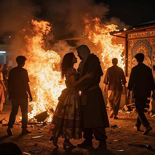 Fiery Embrace in Chaotic Street Scene
