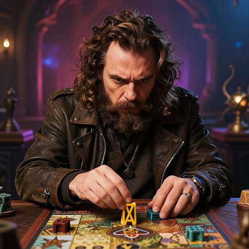 Photograph of a bearded man with long curly hair intensely playing a colorful board game in a dimly lit, mystical room.