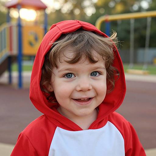 Photograph of a smiling young boy with curly brown hair, wearing a red hoodie with white front, in a colorful playground.