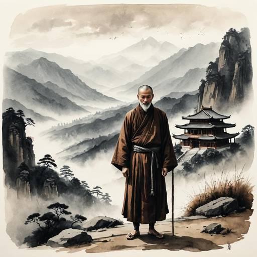 Ancient Monk in Misty Mountain Landscape