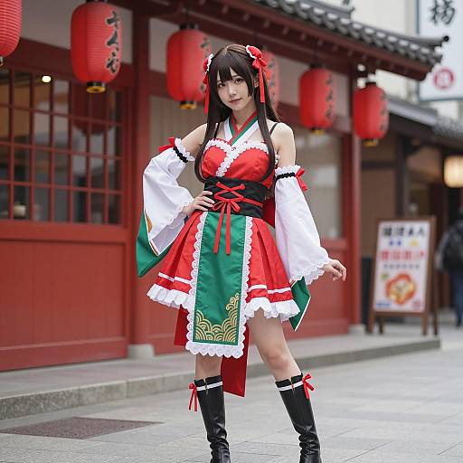 Japanese Woman in Red Hanfu Costume with Lanterns