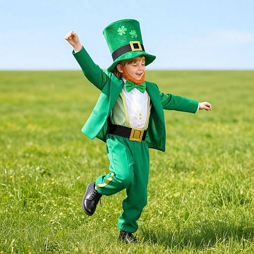 Photograph of a young child in a green leprechaun outfit, top hat, bow tie, and gold belt, running joyfully in a