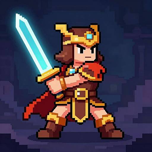 Pixel art of a determined knight with brown hair, red cape, golden helmet, and glowing blue sword in a dark cave.