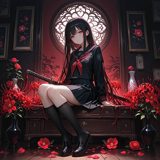 Girl in School Uniform with Flowers