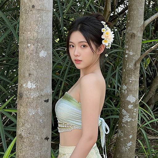 Photograph of an Asian woman with fair skin and black hair, adorned with a yellow flower, wearing a white, strapless, textured crop top and