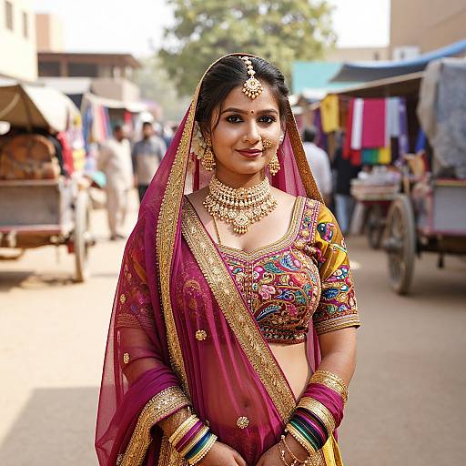 Photograph of an Indian bride in a vibrant purple and gold saree with intricate embroidery, gold jewelry, and a headpiece, standing confidently in a