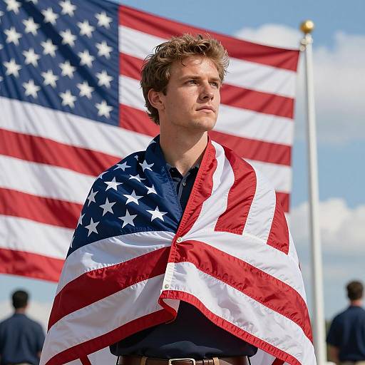 Young Man Wrapped in American Flag