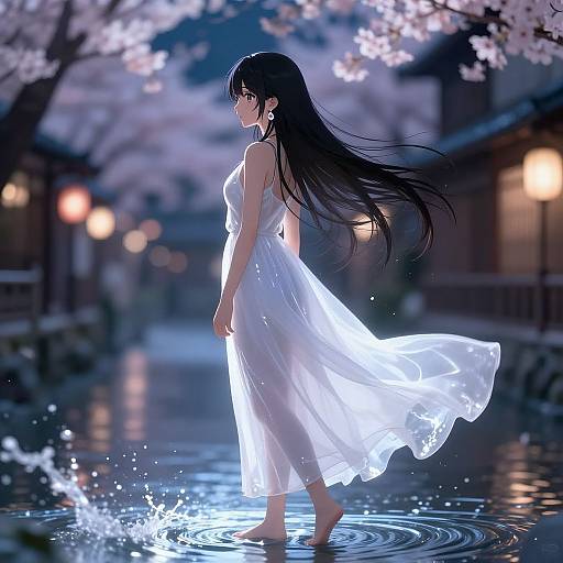 Anime-style digital artwork of a long-haired woman in a flowing white dress, standing in a moonlit, cherry blossom-lined path, with water splashing