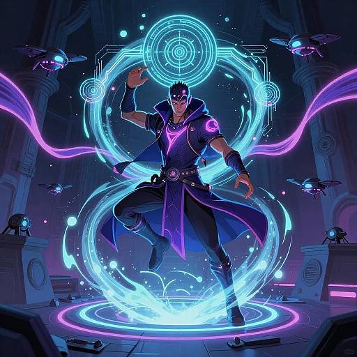 Neon Technomancer Conjuring a Vortex of Energy