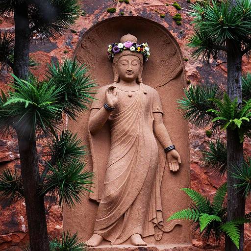 Photograph of a serene stone Buddha statue with a floral crown, wearing a flowing robe, surrounded by lush green palm trees and textured, reddish rock