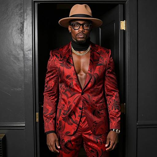 Stylish Man in Red Patterned Suit and Tan Fedora