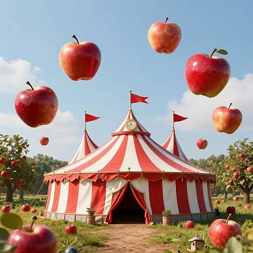 Photograph of a red-and-white striped circus tent with apple flags, surrounded by floating red apples under a clear blue sky.