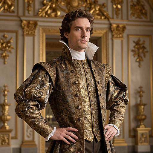 Photograph of a handsome man with wavy brown hair, wearing an ornate, gold-embroidered 17th-century-style suit, standing
